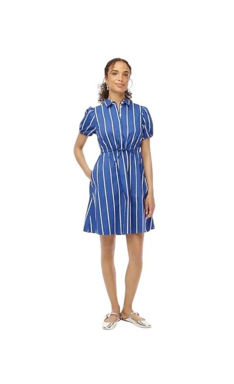 New J.Crew Size 00 Collared Short-sleeve Tie-waist Mini Dress Blue White Stripe